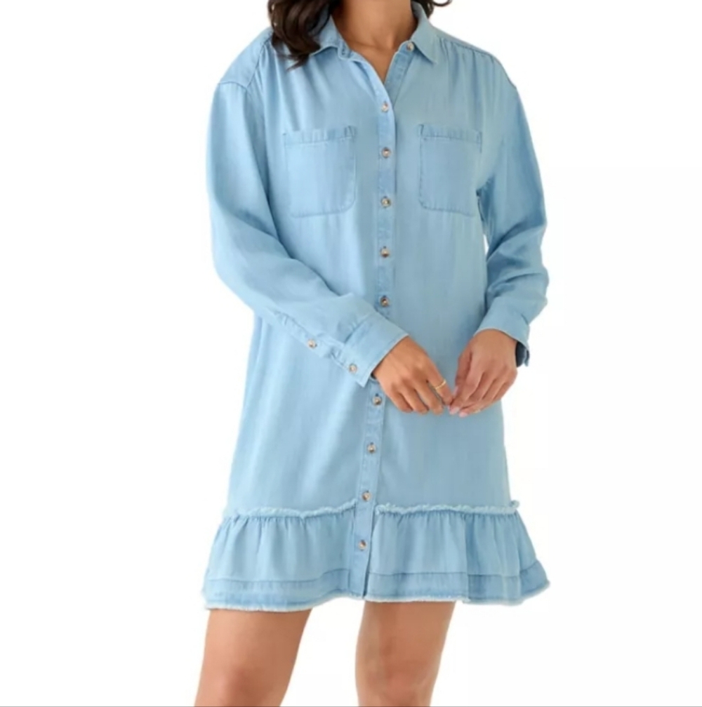 Wonderly Light Denim Wash Long Sleeve Button-Up Front Ruffle Hem Shirtdress NWOT - Picture 2 of 13